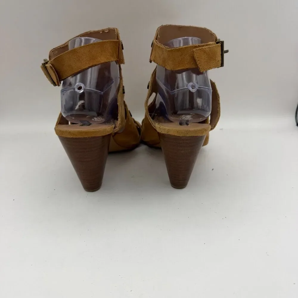Audrey Brooke Women's Size 10 Tan Suede Cutout Cone Heel Sandals Ankle Strap Lea